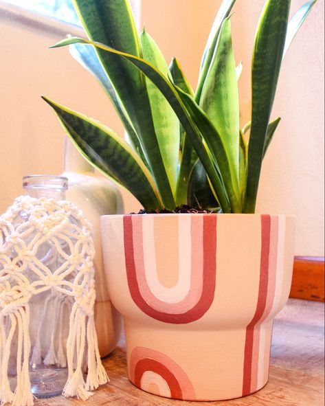 Hand Painted Terracotta Boho Plant Pot with Snake Plant Abstract Plant Pot Painting, Terracotta Painted Pot, Plant Holder Painting Ideas, Painted Plant Pots Diy Boho, Pot Plant Designs Diy Painting, Painting Planters Pots Ideas Diy, Boho Flower Pot Painting, Diy Plant Pot Painting Ideas, Paint Your Own Plant Pot