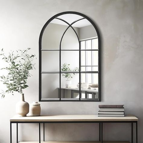 Amazon.com: Dewfig Arched Window Wall Mirror, 30"x20", Decorative Mirror, Vanity Mirror for Bathroom, Bedroom, Entryway, Living Room, Window Pane Mirror, Farmhouse Mirrors for Wall Decor, Metal Frame, Black : Home & Kitchen Arched Window Mirror, Entryway Inspo, Mirror Farmhouse, Window Pane Mirror, Apartment 2023, Arched Wall, Farmhouse Mirrors, Black Wall Mirror, Living Room Window