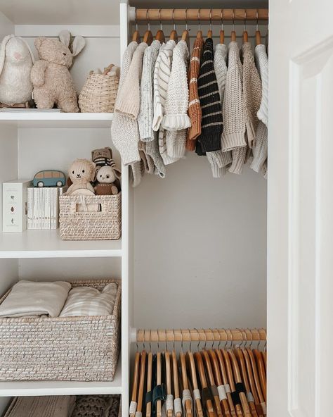 Ikea Nursery Closet Organization, Nursery Closet Remodel, Baby Ikea Closet, Baby Closet Shelves, Book Shelf In Nursery, Baby Boy Closet Ideas, Baby Walk In Closet, Toddler Boy Closet Organization, Nursery Small Closet Organization