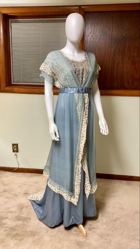 1910s Fashion Women Evening Gowns, Edwardian Blue Dress, 1912 Dress, Edwardian Evening Gown, Blue Edwardian Dress, 1910 Nightgown, 1913 Evening Gown, 1912 Evening Gown, 1920 Style