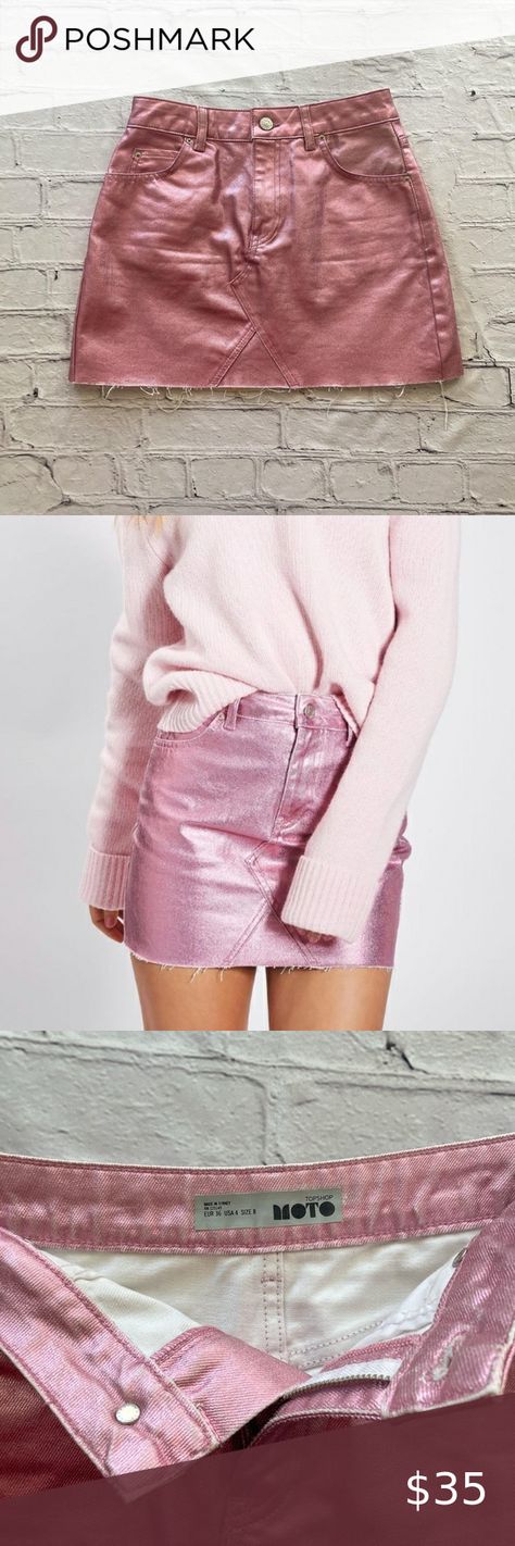 Metallic pink jean mini skirt by Topshop moto Pink Metallic Skirt Outfit, Pink Metallic Skirt, Metallic Skirt Outfit, Disco Vibes, Casual Grunge, Jean Mini Skirt, Metallic Skirt, Jean Mini Skirts, Pink Metallic