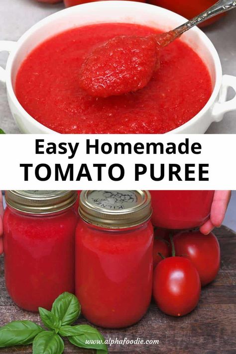 How to make tomato puree at home with fresh tomatoes with a simple step-by-step process, then refrigerate, freeze, or can it for later - perfect for adding to soups, stews, and sauces! Diy Condiments, Canning Tomatoes Recipes, Freezing Tomatoes, Cheese Recipes Homemade, Pureed Food, Canning Pickles, Fresh Tomato Sauce, Tomato Puree, Food Canning