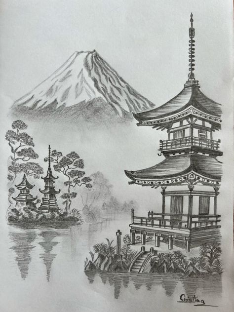 Japanese Temple (Pagoda) — Drawing - pencil sketch - A place I ... 💚💛💜💖 ... !!! Japanese Temple Drawing, Pagoda Drawing, Japanese Architecture Drawings, Pencil Sketches Landscape, Temple Drawing, Creepy Drawings, Japan Landscape, Drawing Ideas List, Pencil Sketch Drawing