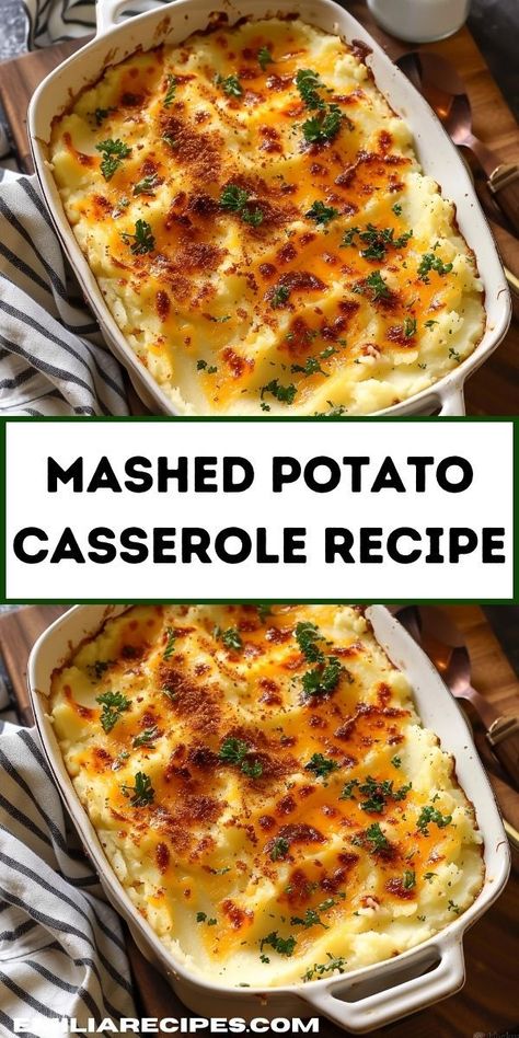 Looking for potato side dishes? Try this mashed potato casserole recipe! Perfect for dinner ideas and potato recipes, it’s a delicious addition to your potato dinner recipes and family meals. Potato Dinner Recipes, Cheesy Mashed Potato Casserole, Veggie Casserole Recipes, Mashed Potato Casserole Recipes, Twice Baked Potatoes Casserole, Easy Mashed Potatoes, Mashed Potato Casserole, Baked Potato Casserole, Potato Dinner