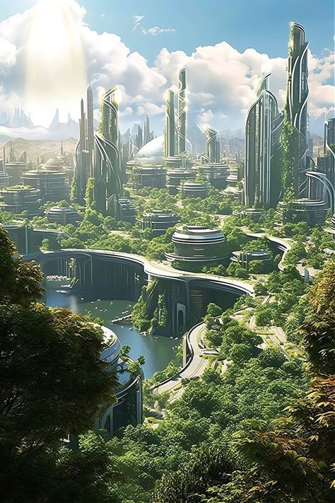 Future Nature City, Hydropunk City, Futuristic City Landscape, Solarpunk Landscape, Solarpunk City Concept Art, Futuristic Nature City, Sci Fi Landscape Concept Art, Fantasy Futuristic City, Solar Punk Architecture