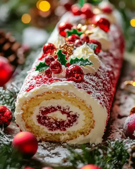 Celebrate the season with this Christmas Roll Cake! A fluffy sponge filled with cranberry and whipped cream, topped with festive decorations. A show-stopping dessert for your holiday gatherings. Save this recipe now! Christmas Roll Cake, Christmas Cake Roll, Swiss Roll Cakes, Roll Cakes, Cake Roll Recipes, Log Cake, Cake Rolls, Yule Log, Christmas Foods