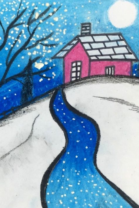 How to draw snowfall scenery in winter season #scenerydrawing #snowfallscenery #winterscenery Art Projects For Kids Christmas, Summer Season Drawing, Drawing With Pastels, Winter Drawing Ideas, Snowman Drawing, Drawing Winter, Winter Drawing, Easy Scenery Drawing, Beach Sunset Painting