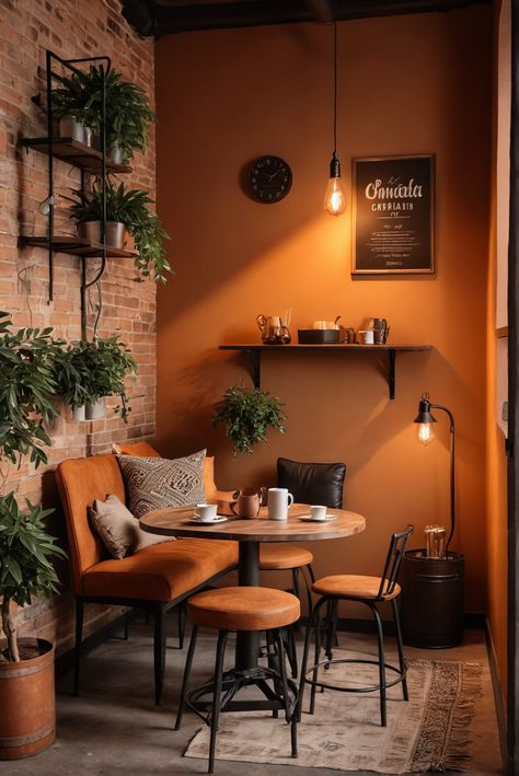 10 Ideas and Inspiration for Industrial Style Coffee Corners - afullmug.com Cafe Style Kitchen At Home, Coffee Shop Style Kitchen, Coffee Shop Inspo Interior Design, Coffee Lounge Ideas Home, Coffee Lounge Ideas, Unique Cafe Design Interiors, Rustic Cafe Decor, Coffee Shop Ideas Unique, Cozy Cafe Interior Coffee Shop