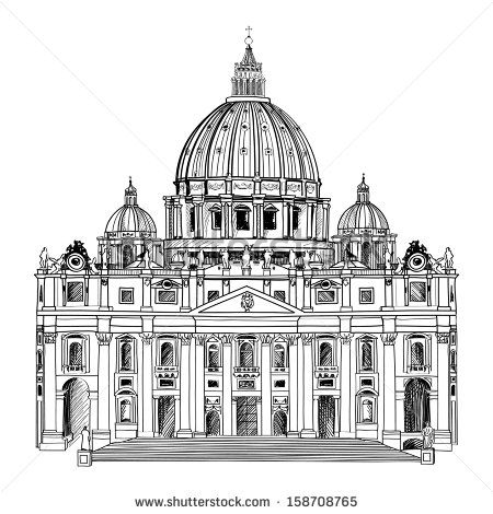 St. Peter's Cathedral, Rome, Italy. Hand drawn vector illustration isolated on white background. Saint Pietro Basilica.  - stock vector St Peters Basilica Drawing Perspective, St Peter's Basilica Sketch, Neoclassical Architecture Sketch, St Peters Cathedral, Rome Architecture, Architecture Antique, Architecture Drawing Sketchbooks, Istoria Artei, Building Sketch