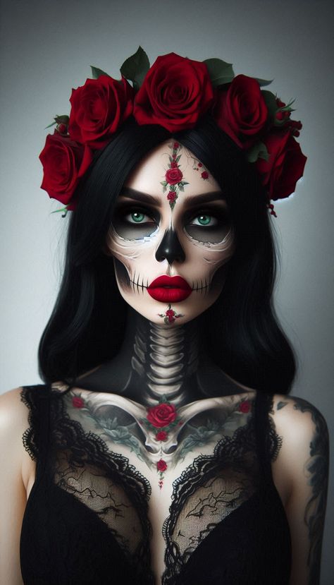 Skull Costume Makeup, Skull Makeup Glam, Womens Skull Makeup, Catrina Halloween Costumes, Red Day Of The Dead Makeup, Easy Catrina Costume, Womens Halloween Face Paint, Skull Makeup Women, Day Of The Dead Halloween Makeup