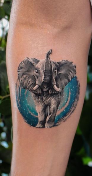 Elephant Tattoo Cover Up, Blue Elephant Tattoo, Elephant Tattoos Color, Trunk Up Elephant Tattoo, Elephant Tattoo Design For Women Arm, Elephant Tattoos Forearm, Tattoo Ideas Female Elephant, Elephant Forearm Tattoo, Elephant Memorial Tattoo