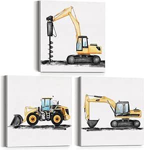 Yuzi-n Set of 3 Construction Truck Nursery Posters Canvas Wall Art & Tabletop Decoration for Home Boys Bedroom Playroom, Digger Dump Truck Vehicle Art Canvas Prints Easel & Hanging Hook 12x12 Inch Truck Nursery Theme, Construction Truck Nursery, Kids Room Design Boys, Construction Nursery, Truck Nursery, Construction Art, Playful Art, Baby Boy Nursery Themes, Nursery Canvas