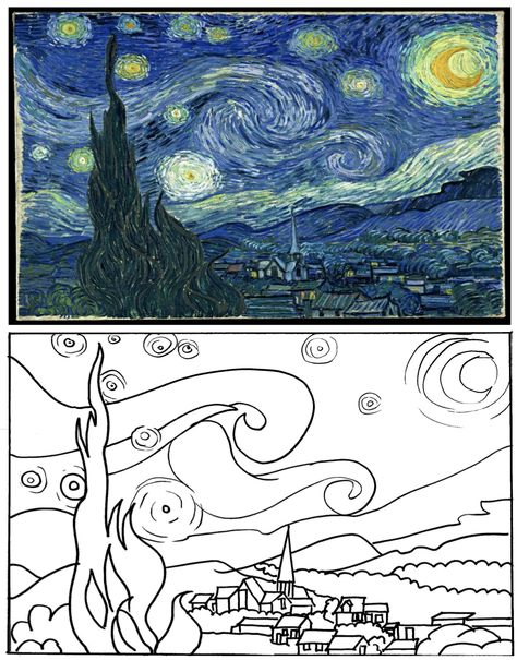 Starry Night Coloring Page, Night Coloring Pages, فنسنت فان جوخ, Starry Night Art, Starry Night Painting, Arte Van Gogh, Famous Paintings, Abstract Art Painting Diy, Painting Art Lesson