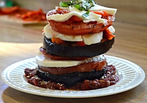 Grilled Eggplant, Tomato & Mozzarella Towers — Unwritten Recipes Eggplant Tomato Mozzarella, Air Fryer Doughnut Recipe, Ruins Of Pompeii, Outdoor Recipes, Dating Myself, Mt Vesuvius, Mozzarella Recipes, Beefsteak Tomato, Spicy Tomato Sauce