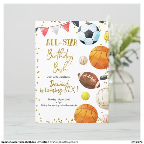 Sports Game Time Birthday Invitation | Zazzle Sports Invitation Card Design, Sports Day Invitation, Sports Themed Birthday Party Ideas, Born 2 Ball, Ball Theme Birthday, Sports Invitation, 3rd Birthday Party For Boy, Sports Party Invitations, Sport Birthday