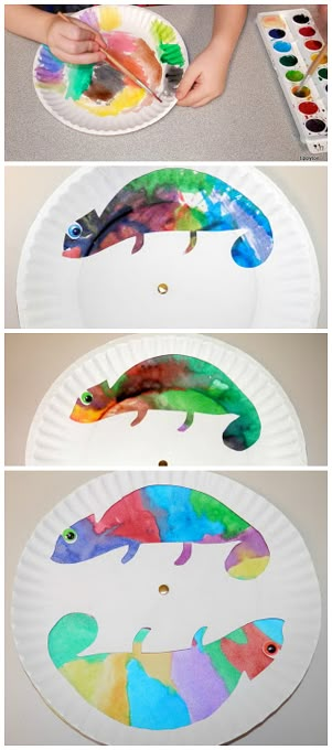 Paper plate color changing chameleon craft for kids! brilliant! Cameleon Art, Chameleon Craft, Rainforest Crafts, Jungle Crafts, Plate Crafts For Kids, Leo Lionni, Paper Plate Crafts For Kids, Art Project For Kids, Project For Kids