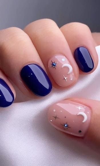 Nail Ideas Very Short Nails, Blue Black Nails Short, Nail Art Designs Small Nails, Colourful Nail Art Designs, Simple Nail Designs Stars, Nail Art Designs Moon, Cute Nail Ideas For Summer Simple, Short Aquarius Nails, Natural Nail Gel Manicure Designs