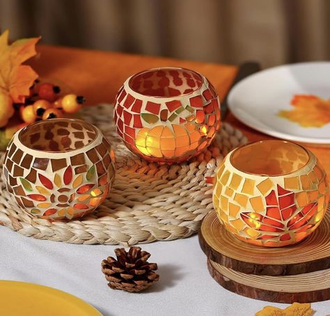 Set of 3 of mosaic candle holders Thanksgiving Candle, Fall Candle Holders, Dinner Table Centerpieces, Mosaic Candle Holders, Thanksgiving Home Decorations, Thanksgiving Candles, Mosaic Candle, Pumpkin Sunflower, Fall Decor Dollar Tree