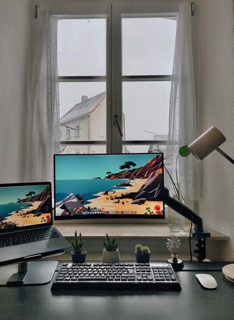 1 Monitor And Laptop Setup, Mac Laptop Desk Setup, One Monitor Desk Setup, Macbook Monitor Desk Setup, Desk Setup Workspace Inspiration Laptop And Monitor, Mac And Pc Desk Setup, Macbook With Monitor Set Up, Macbook And Monitor Setup, 2 Laptop Desk Setup