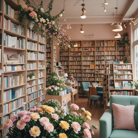 Bookstore And Cafe Aesthetic, Cute Bookshop Aesthetic, Romance Book Store Aesthetic, Cozy Bookshop Cafe Aesthetic, Bookstore Tea Shop, Cozy Book Store Aesthetic, Coffee Shop Book Store Aesthetic, Library And Coffee Shop, Flower And Book Shop