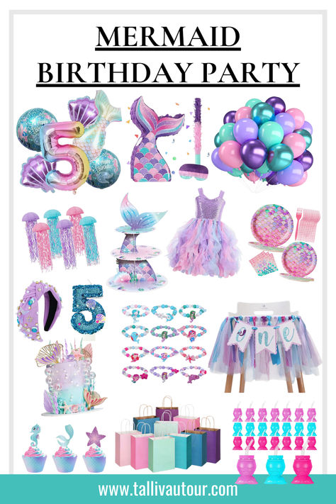 Looking for the cutest party supplies for your Mermaid Themed Birthday Party? I've got you covered with invitations, decorations, tableware, party attire, party games, party favors, activites & more! It's all linked in my blog! Amazon affiliate (contains affiliate links) #party #mermaids #mermaidbirthdayparty #girlbirthday #seatheme #oceanbirthday #poolparty #summerbirthday #blue #pink #purple #seashellparty #beachbirthdaytheme #beach #sand #partyfavors #partydecor #invite #gift #cake #cupcake Girls 5th Birthday Themes, 5 Birthday Party Ideas Girl, Fifth Birthday Party Ideas Girl, Girl 5th Birthday Party Themes, Mermaid Themed Birthday Party, Birthday Party Inspiration, Mermaid Birthday Party Invitations, 5th Birthday Party Ideas, Ocean Birthday