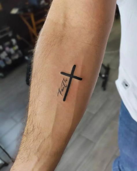 101 Best Dainty Cross Tattoo Ideas That Will Blow Your Mind! - Outsons Small Word Tattoos Men, Christian Men Tattoos, Tattoo Ideas For Couples Unique, Dainty Cross Tattoo, Small Forearm Tattoo Men, Tattoo Ideas With Deep Meaning, Forearm Tattoos Men, Small Forearm Tattoo, Christian Tattoos Men