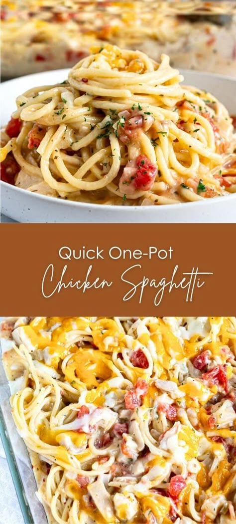 Quick One-Pot Chicken Spaghetti - Yummy and fully One Pot Chicken Spaghetti, Creamy Chicken Spaghetti, Use Rotisserie Chicken, Chicken Spaghetti Casserole, Leftover Rotisserie, Chicken Spaghetti Recipes, Spaghetti Casserole, Leftover Rotisserie Chicken, One Pot Chicken