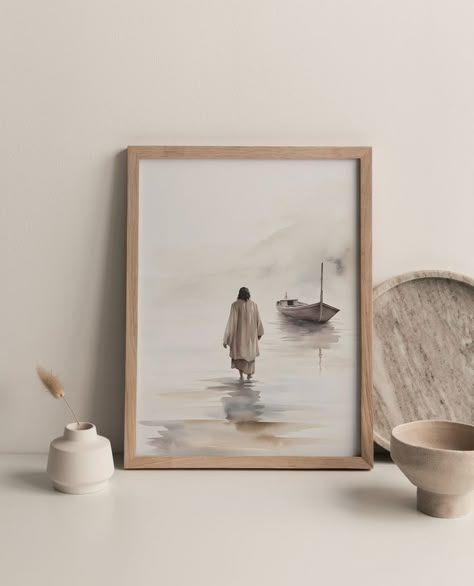 Christian Wall Painting, Downloadable Wall Art, Christian Painting Aesthetic, Jesus Walking On Water Painting, Lds Wall Art, Christian Artwork Paintings, Jesus Painting Canvases, Diy Christian Decor, Christian Watercolor Paintings