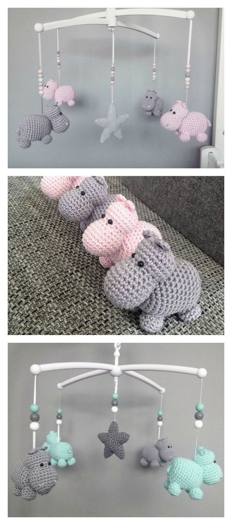 Crochet Hippo Animal Baby Mobile Free Pattern Corak Krusye, Crochet Baby Mobiles, Crochet Hippo, Baby Mobil, Crochet Mobile, Cute Hippo, Easy Knitting Projects, Confection Au Crochet, Pola Amigurumi