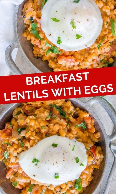 Red Lentils with Eggs recipe - a 20 minute vegetarian meal! Breakfast lentils make a very nutritious, filling, hearty breakfast that happens to be vegetarian, gluten-free, and high in protein to keep you full till lunch time. This easy red lentils recipe is one of our favorites, and we enjoy it not only for breakfast and brunch, but as a quick weeknight dinner and weekday lunch, too. I'll show you how to poach eggs in the microwave for the easiest poached eggs you will ever have! Red Lentil Side Dish, Red Lentil Breakfast Recipes, Split Red Lentil Recipes, Red Split Lentil Recipes, Lentil Breakfast, Microwave Poached Eggs, Easy Vegetarian Breakfast, Poached Eggs Recipe, Eggs In The Microwave