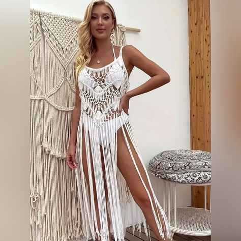 Same Day Or Next Day Shipper/ Top Rated Seller New Boutique Boho Semi-Sheer White Crocheted Swim Coverup With Long Fringe And Scoop Neck, One Size, Midi Length. Sleeveless With Straps, Stretchy And Lightweight, And Aerated For Breathability. Unique, Sexy, Attention-Getting Piece For The Beach, Pool Parties, And Vacations. > Condition: Brand New Boutique Item In Excellent Condition Directly From Distributor; No Actual Tags. > Brand: Private Label. > Size: One Size. Stretchy, Approximate Flat Meas Lace Swimsuit Coverup, Crochet Beach Cover Up, Lace Beach Dress, Native American Wedding, Ruffle Bathing Suit, Beach Coverups, Boutique Boho, Crochet Swim, Bathing Suits One Piece