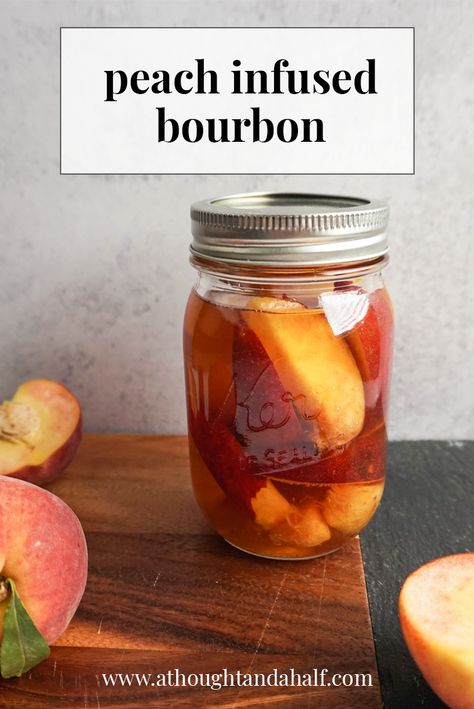 Make your own infused bourbon with ripe peaches. Takes cocktails to the next level! Get the recipe here. | A Thought & a Half - Southern food & lifestyle blog Infused Alcohol Recipes, Infused Bourbon, Peach Whiskey, Julep Recipe, Infused Liquors, Mint Julep Recipe, Derby Attire, Peach Vodka, Bourbon Recipes