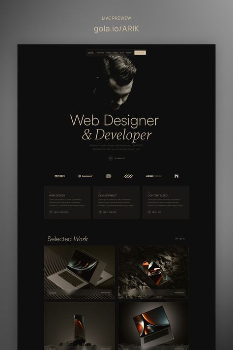 Arik is a minimal & modern Portfolio Framer Template perfectly suited for freelancers, designers, agencies or your personal portfolio. Web Developer Portfolio Website, Portfolio Website Design Inspiration, Cv Website, Personal Website Design, Web Design Inspiration Portfolio, Personal Website Portfolio, Modern Portfolio, Portfolio Photo, Agency Website Design