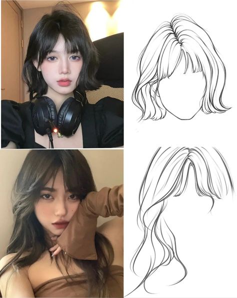 Wavy Hair With Bangs Drawing Reference, Hair Refrences Drawings Anime, Hair Drawing With Bangs, Bangs Hairstyle Drawing, Drawing Bangs Tutorial, Side View Drawing Hair, Hair Drawing Reference Bangs, Drawing Bangs Hairstyles, How To Draw Bangs Hairstyles