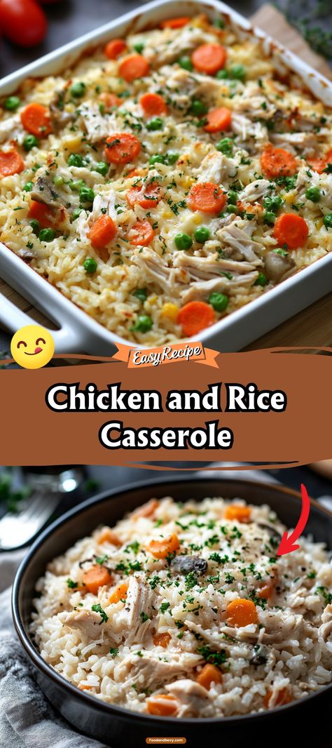 Indulge in the warm and comforting Chicken and Rice Casserole, a hearty dish that blends creamy rice, tender chicken, and a blend of spices baked to perfection. This easy-to-make casserole is a foolproof dinner option that offers both convenience and comfort in one dish, ideal for busy evenings. #ChickenRiceCasserole #EasyDinner #ComfortFood Classic Chicken Casserole Recipes, Chinese Casserole Recipes, Veggie Rice Casserole, Best Chicken And Rice Casserole, The Best Chicken And Rice, Rice Chicken Casserole, Creamy Casserole, Chicken Rice Bake, Best Casserole Recipes