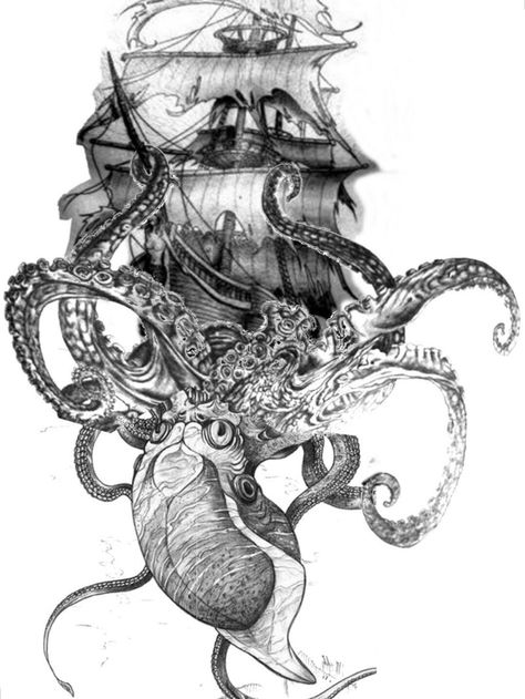 Obsessed Tattoo, Octopus Tattoo Leg, Pirate Tattoos, Pirate Ship Tattoos, Nautical Tattoo Sleeve, Octopus Tattoo Sleeve, Pirate Ship Tattoo, Kraken Tattoo, Kraken Art