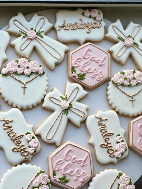 Pink baptism cookies greenery theme cookies Babtisim Girl Decor, Mi Bautizo Dessert Table, Baptismal Luncheon Food Ideas, Confirmation Theme Ideas, 1st Communion Cookies Girl, Baptism Dessert Ideas, Baptism Theme Ideas Girl, Conformation Party Idea, Bautizo Theme Ideas Girl