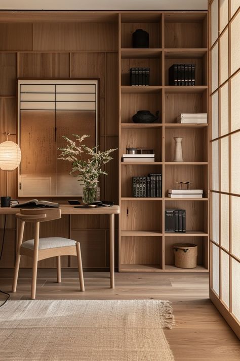 Japandi Study Room, Minimalist Study Room, Japanese Home Office, Japandi Office Design, Japandi Bedroom Interior Design, Chair Shelves, Desk With Bookshelves, Japandi Home Office, Lighting Sky