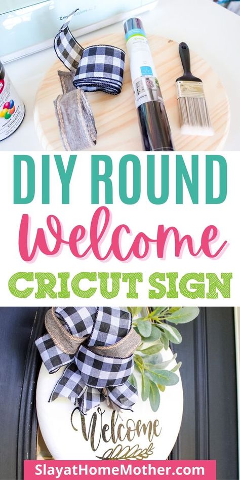 Pallet Door Signs, How To Make Round Door Signs, Vinyl Welcome Sign, Round Signs Wood Diy Last Name, How To Paint Round Wood Signs, Cricut Welcome Sign Front Door, Cricut Board Signs, Welcome Sign Front Door Diy Cricut, Welcome Sign With Cricut