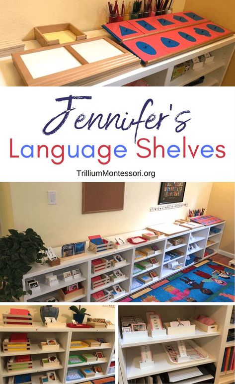 A tour of Jennifer's Montessori language shelves and materials Montessori Classroom Layout, Montessori Elementary Classroom, Montessori Shelves, Montessori Curriculum, Preschool Montessori, Montessori Kindergarten, Montessori Shelf, Montessori Teaching, Montessori Language