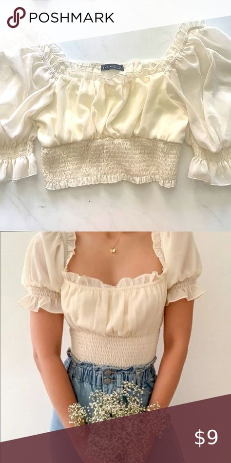 White Puffy Sleeve Blouse Puffy Sleeve Crop, White Puffy Blouse, White Puffy Sleeve Top Outfit, White Shirt With Puffy Sleeves, Puffy Sleeves Blouse Outfit, Puffy Sleeve Top Outfit, White Puffy Sleeve Top, Puffy Blouse, Puffy Sleeve Shirt