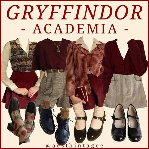 she/her (@aesthintagee) added a photo to their Instagram account: “GRYFFINDOR but make it ACADEMIA*** - first and third outfit are from @seasonsofella and the…” Hogwarts Outfits Gryffindor, Gryffindor Aesthetic Outfit, Gryffindor Inspired Outfits, Gryffindor Outfits, Gryffindor Outfit, Tis Autumn, Hogwarts Life, Magical Fashion, Cottagecore Academia