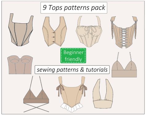 Set of 9 Top Patterns, Corset Top Pattern, Trendy Corset Pattern PDF Front Lace, Crop Top Bustier Sewing Pattern Milkmaid Instant Download - Etsy Sew A Top Pattern, Crop Top Template Sewing, Sewing Patterns For Corsets, Rave Top Pattern, Handkerchief Sewing Pattern, Corset Shirt Pattern, Beginner Sewing Outfits, Plus Size Corset Pattern Free, Going Out Top Sewing Pattern