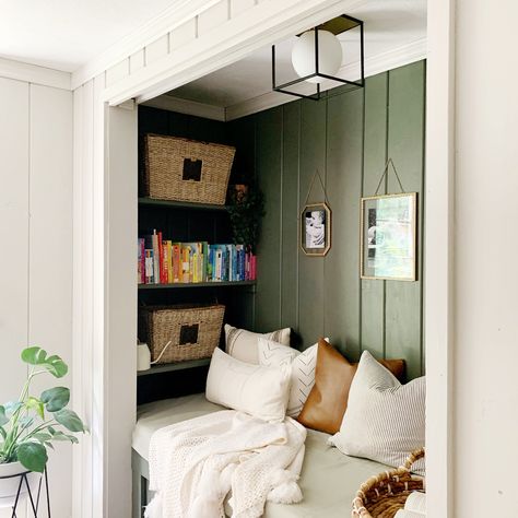 Cozy Book Nook DIY - Style + Dwell #booknook #readingnook #organized #organization #books #toyorganization Closet Sleeping Nook, Basement Nook, Closet Nook, Reading Nook Closet, Bedroom Nook, Rectangle Bedroom, Mattress On Floor, Deco Studio, Nook Ideas