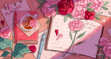 Pink Cartoon Aesthetic Wallpaper, Roses Book, Arte 8 Bits, A Cup Of Tea, Dreamy Art, Cute Backgrounds, Commission Art, Cup Of Tea, الرسومات اللطيفة