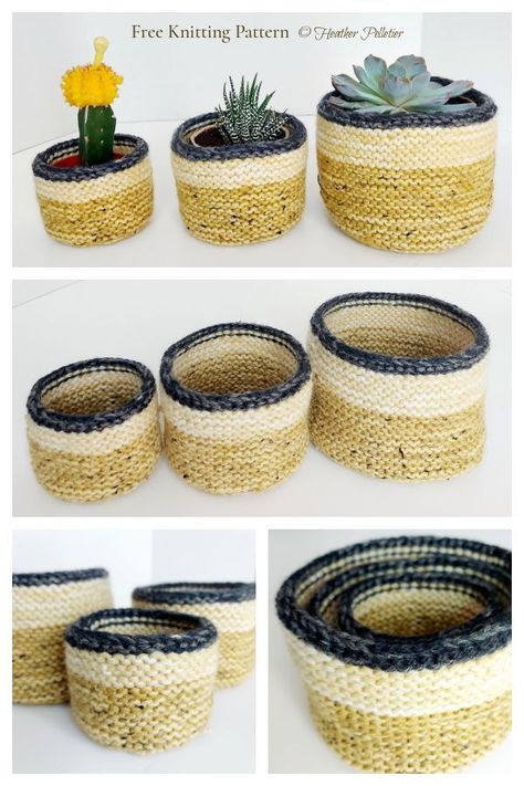 Round Nesting Baskets Free Knitting Pattern Holiday Knitting Patterns, Knitted Basket, Mini Baskets, Loom Knitting Tutorial, Basket Patterns, Nesting Baskets, Fabric Bowls, Knit Basket, Quick Knits