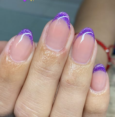 Purple Nail Designs French Tips, Purple French Tips Short, Purple Nails With Glitter Tips, Purple French Tip With Glitter, Purple And Silver French Tip Nails, Sparkly Purple French Tip Nails, Purple Nails With Silver Tips, Glittery Purple French Tip Nails, Purple French Tips