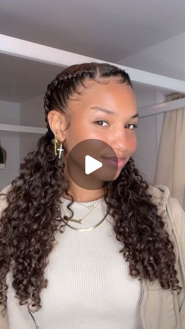 Curly Hair Cheer Hairstyles, Two Braids With Curly Hair, 2 French Braids With Weave Curls, Wedding Hairstyles Half Up Half Down Braid, Easy Simple Braided Hairstyles, Side Part 2 Braids, Pigtail Braid Hairstyles, Teacher Hair Styles, 2 French Braids With Weave