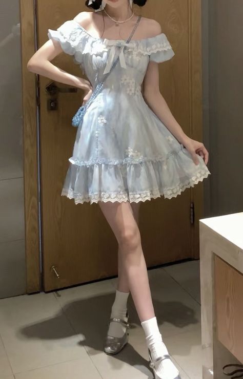 Light Blue Y2k Outfit, Light Blue Coquette Outfit, Old Money Blue Outfits, Korean Aesthetic Dress, Blue Kawaii Outfit, Cute Blue Outfits Aesthetic, Light Blue Dress Aesthetic, Blue Coquette Dress, Blue Simple Dress