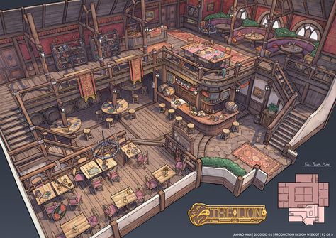 Fantasy Inn, Feng Zhu Design, Interior Concept Art, Feng Zhu, Dnd World Map, Bangunan Minecraft, Fantasy Rooms, Rpg Map, Dungeon Maps